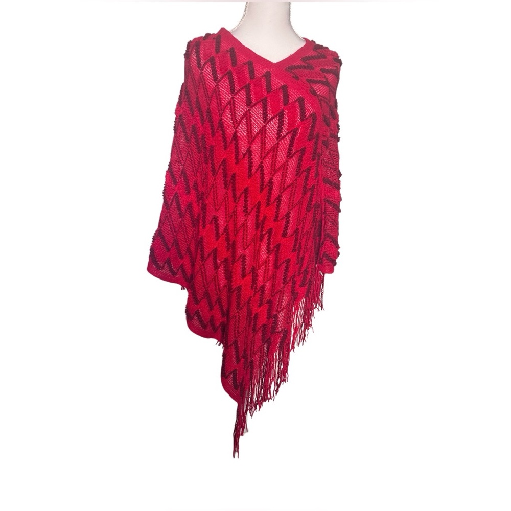 Red and Dark brown  Zigzag  patterned Knit  with  Fringe Poncho..